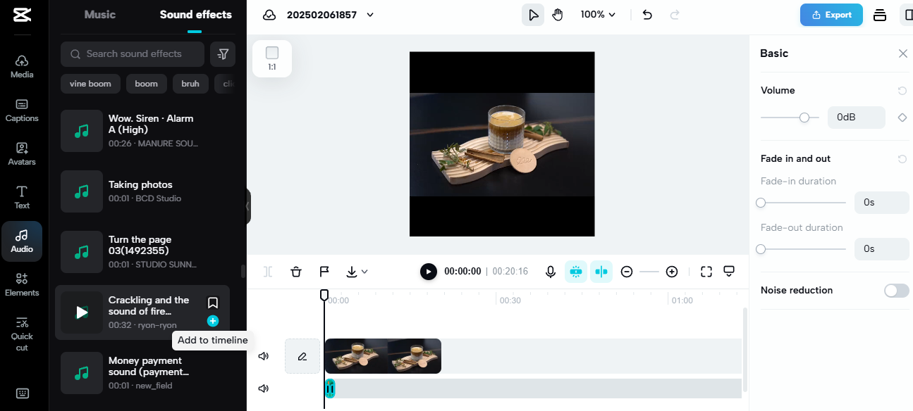 Pippit video editing interface with sound effects selection for Pinterest video marketing and faceless content.